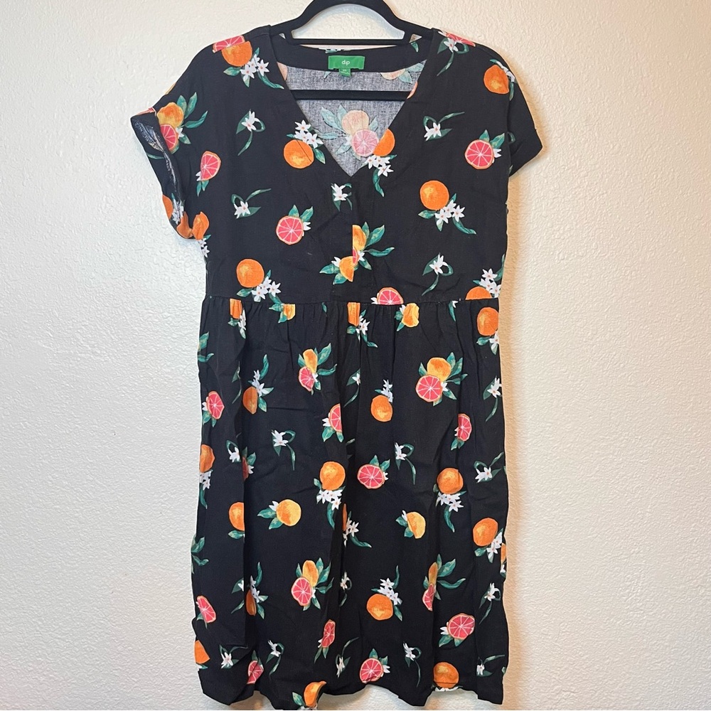 Dip Black Dress Fit and Flare Shift Citrus Pattern Size XS Linen Blend